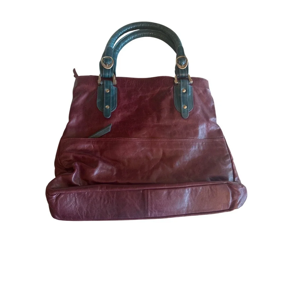 Maroon & Teal Leather‎ Bag Dual Zippered Pockets & Patterned Textile Lining